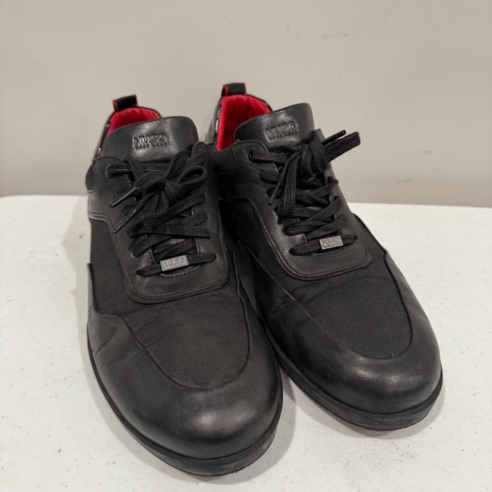 Hugo Boss Mens Low Top Sneakers Black Leather Mixed Media Red Sole Classic
